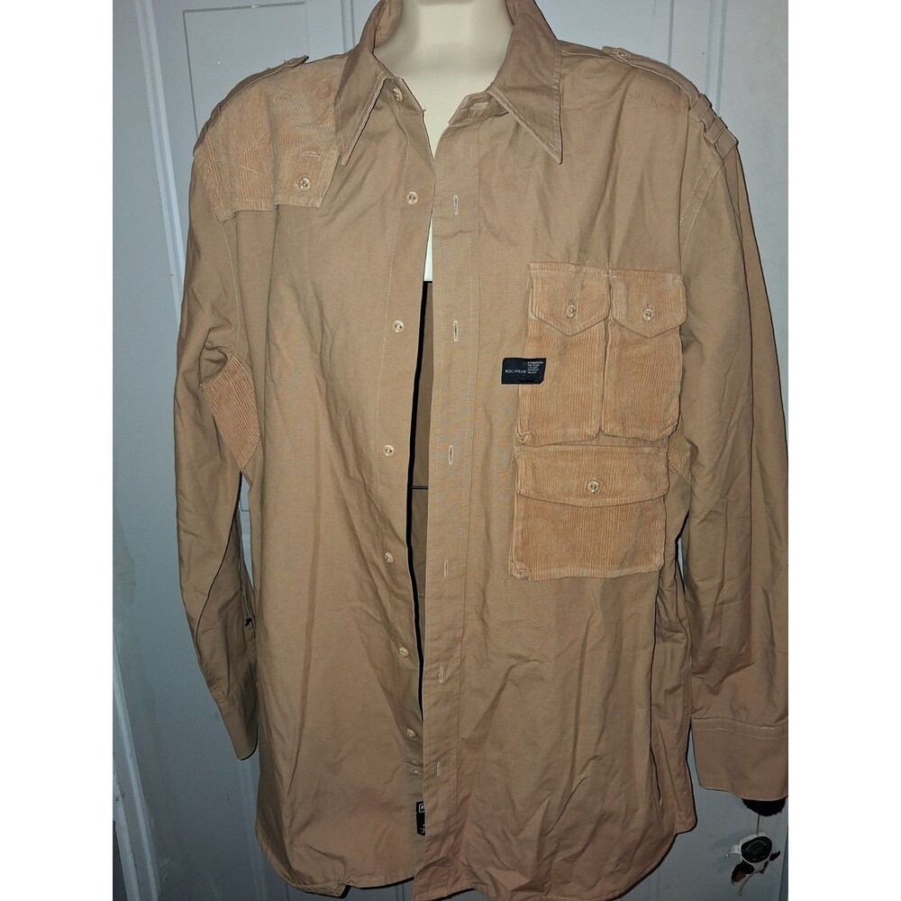 Vintage Rocawear Y2K Utility Shirt Mens 2XL Tan Streetwear Corduroy Buttonup